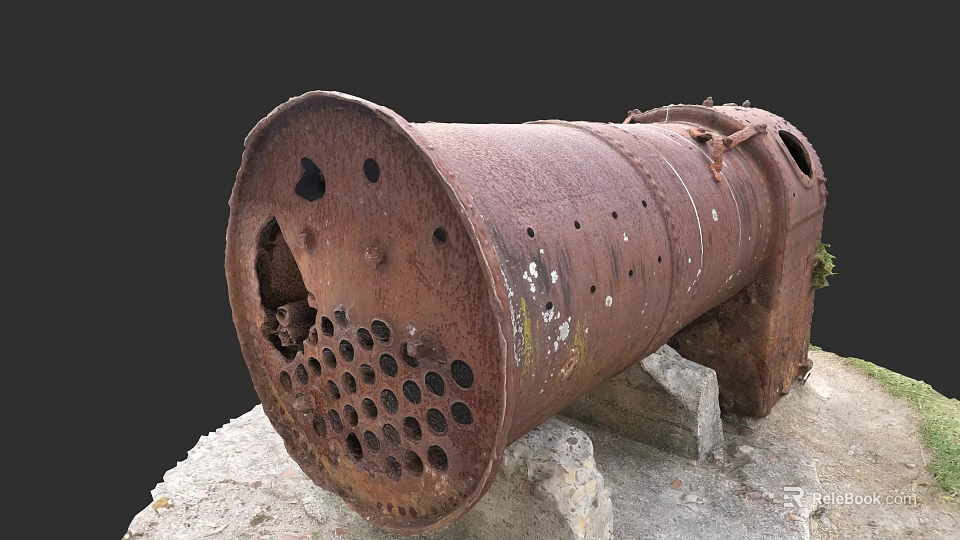Rusted Old Fireplace With Holes On Stone Blocks And Moss Growth 3d model 