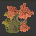 Cartoon Autumn Scene with Red and Yellow Trees Small House Path and Flower Bed