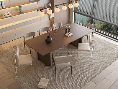 Modern Dining Table Set With Chairs Pendant Lights Large Window And Area Rug Decor 3d model