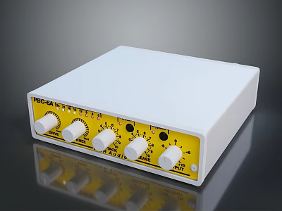 Modern White Electronic Device With Yellow Front Panel And Multiple Control Knobs Design 3d model