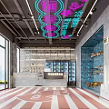 Industrial Style Restaurant With Neon Signs Chinese English Signs And Red White Striped Floor