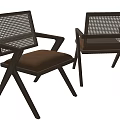 Wooden Dining Chairs With Rattan Woven Backrest And Brown Padded Seat