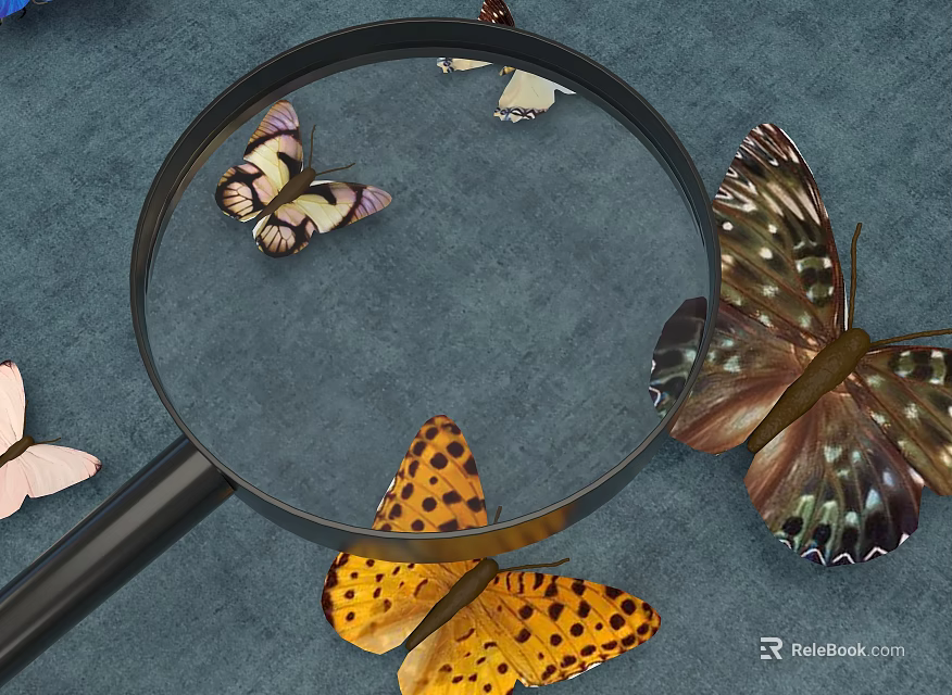 Colorful Everyday Magnifying Glass With Various Patterned Butterflies On Blue Background 3d model 