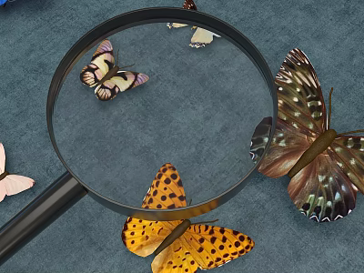 Colorful Everyday Magnifying Glass With Various Patterned Butterflies On Blue Background 3d model