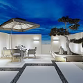 Modern Courtyard Garden with White Umbrella Dining Table Chairs Wooden Fence Decorative Tree and Lighting