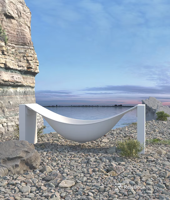 White Hammock Style Outdoor Bathtub With Rocky Seaside And Ocean View Sunset Sky 3d model 