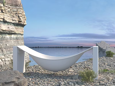 White Hammock Style Outdoor Bathtub With Rocky Seaside And Ocean View Sunset Sky 3d model