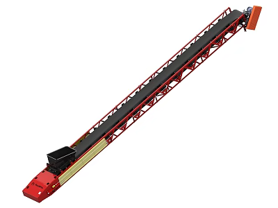 Industrial Long Conveyor Belt With Red Frame And Black Transport Surface 3d model