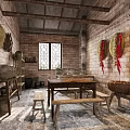 Traditional Farmhouse Kitchen Interior With Brick Walls Wooden Beams Bamboo Baskets And Red Chili Strings