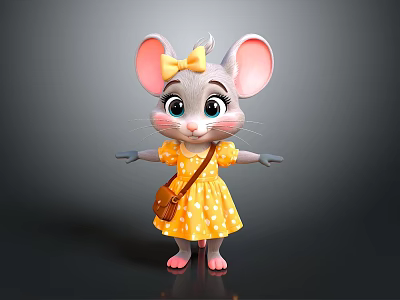 Cute Cartoon Mouse Character With Big Ears Yellow Bow Brown Bag And Polka Dot Dress 3d model