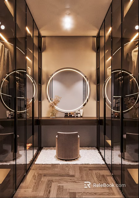 Modern Closet Interior With Round Mirrors Vanity Lighting And Glass Cabinets 3d model 