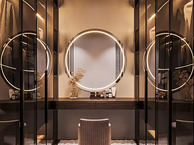 Modern Closet Interior With Round Mirrors Vanity Lighting And Glass Cabinets 3d model