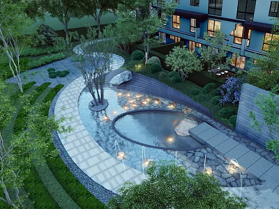 Illuminated Courtyard Garden Design With Circular Pond Stone Path And Lush Greenery 3d model
