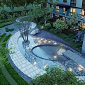 Illuminated Courtyard Garden Design With Circular Pond Stone Path And Lush Greenery