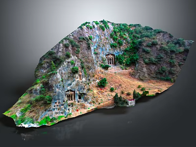 Green Vegetation Covered Mountain Landscape Featuring Cave Structures Stone Steps and Inscriptions 3d model