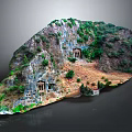 Green Vegetation Covered Mountain Landscape Featuring Cave Structures Stone Steps and Inscriptions
