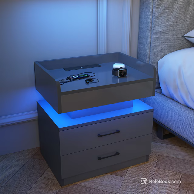 Modern Gray Nightstand Design With Drawers LED Lights And Small Accessories 3d model 