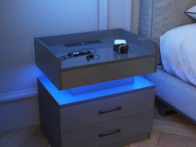 Modern Gray Nightstand Design With Drawers LED Lights And Small Accessories 3d model