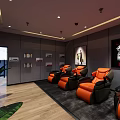 Home Theater Room With Large Screen TV Orange Recliner Seats And Wooden Flooring