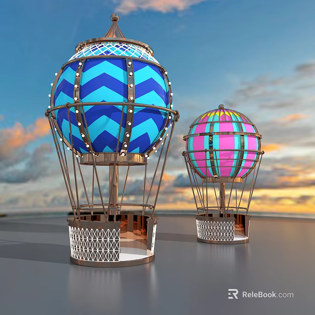 Colorful Hot Air Balloon Shaped Amusement Rides With Zigzag Patterns Metal Frames And Sunset Sky 3d model 