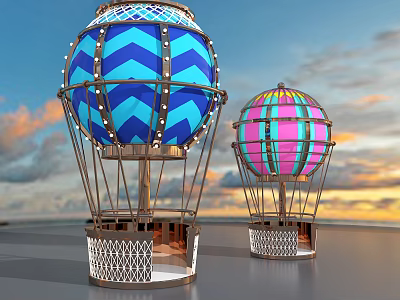 Colorful Hot Air Balloon Shaped Amusement Rides With Zigzag Patterns Metal Frames And Sunset Sky 3d model