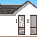 White Exterior Single Family House With Dark Roof Large Glass Door And Wooden Porch