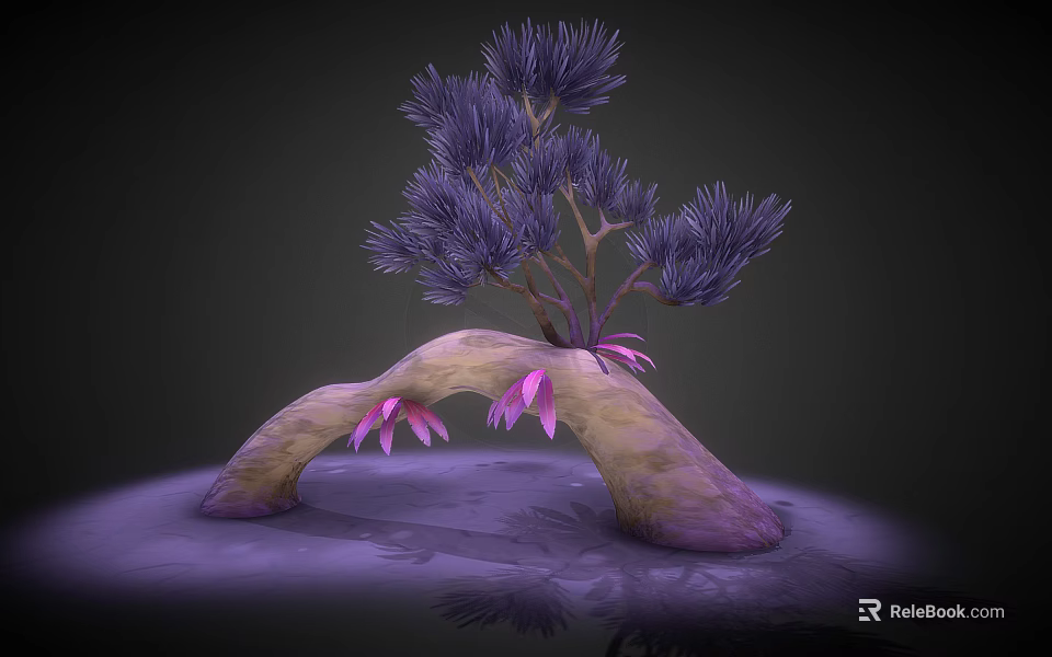 Purple Needle Leaf Plant Growing On Curved Rock Structure With Pink Flowers Dark Background Reflective 3d model 