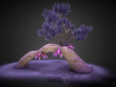 Purple Needle Leaf Plant Growing On Curved Rock Structure With Pink Flowers Dark Background Reflective 3d model