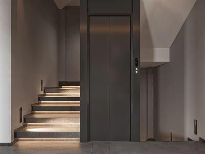 Modern Elevator And Staircase Interior With Recessed Lighting And Gray Walls 3d model