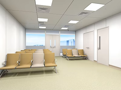 Medical Waiting Room Interior With Yellow Chairs White Walls And Square Ceiling Lights 3d model