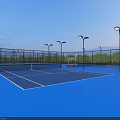 Blue Outdoor Basketball Court With Fence Streetlights And Green Trees Under Clear Sky