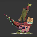 Cartoon Scene Featuring Colorful Ship Small House Yellow Flag Wooden Roof And Green Grass Base