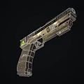 Futuristic Weapon Pistol Design With Green Indicators Yellow Warning Signs And Metallic Grip Texture