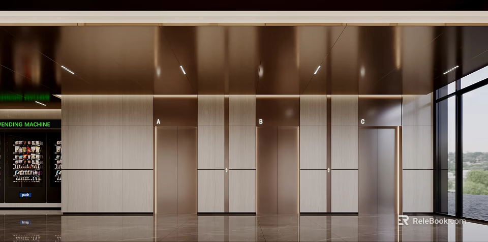 Modern Elevator Lobby Design With Metallic Panels Wooden Walls And Lighting 3d model 