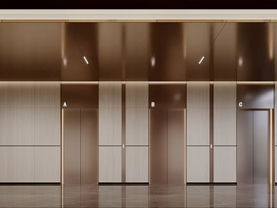 Modern Elevator Lobby Design With Metallic Panels Wooden Walls And Lighting 3d model