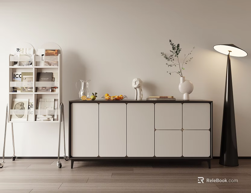 White Side Cabinet with Black Frame Modern Entryway Storage and Decorative 3d model