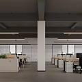 Modern Public Office Space Featuring Open Layout Desks Chairs Pendant Lights And Green Plants