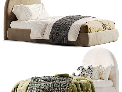 Modern Kids Bed Design With Beige Upholstered Headboard Green Quilt White Pillows And Plush Toy 3d model