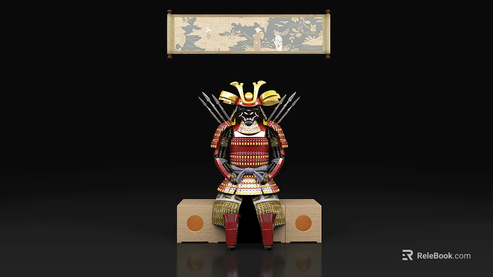 Decorative Ornament Set Featuring Samurai Armor Figurine With Traditional Scroll Painting And Wooden Base 3d model 