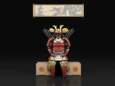 Decorative Ornament Set Featuring Samurai Armor Figurine With Traditional Scroll Painting And Wooden Base 3d model