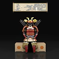Decorative Ornament Set Featuring Samurai Armor Figurine With Traditional Scroll Painting And Wooden Base