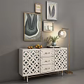 Entryway Cabinet Sideboard With Decorative Paintings Fruit Green Plant And Table Lamp