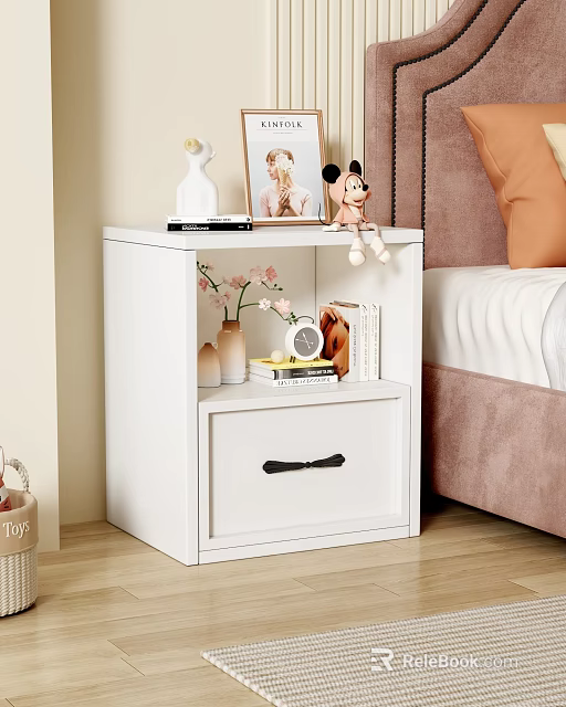 White Bedroom Storage Cabinet With Stuffed Toy Photo Frame Vase Books And Alarm Clock 3d model 