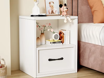 White Bedroom Storage Cabinet With Stuffed Toy Photo Frame Vase Books And Alarm Clock 3d model