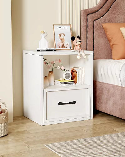 White Bedroom Storage Cabinet With Stuffed Toy Photo Frame Vase Books And Alarm Clock 3d model