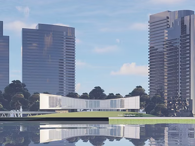 Modern Sales Office Building with Water Reflection Surrounded by High Rise Buildings and Greenery 3d model