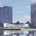 Modern Sales Office Building with Water Reflection Surrounded by High Rise Buildings and Greenery