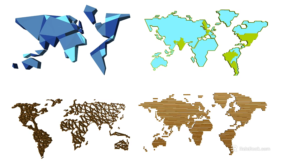 Geometric and Wood Grain World Map Wall Decor with Teal Yellow Accents 3d model 