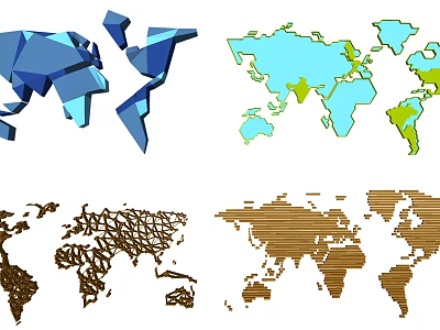 Geometric and Wood Grain World Map Wall Decor with Teal Yellow Accents 3d model