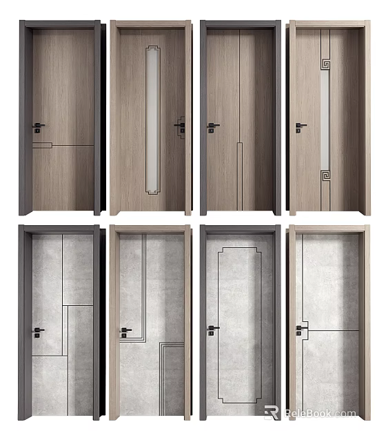 Modern Interior Hinged Doors Featuring Wooden Gray Panel And Line Pattern Designs 3d model